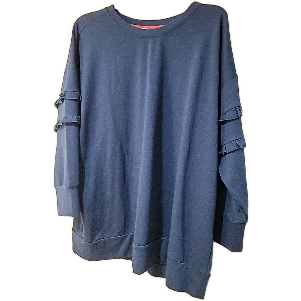 Matilda Jane M Round Neck Ruffle 3/4 Sleeve Blue Green Pullover Sweatshirt EUC